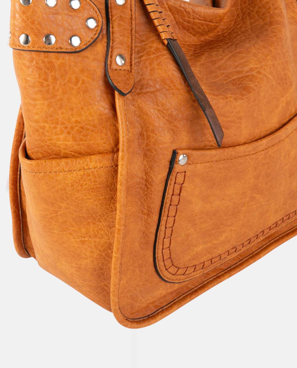Mala Shopper Média de Efeito de Pele com Fecho de Correr e Tachas Camel-3
