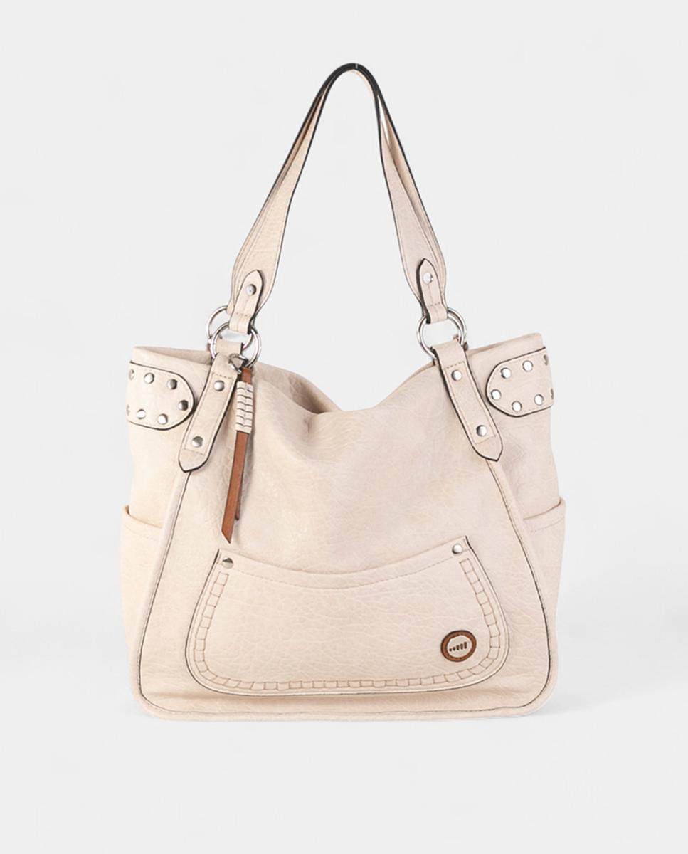 Mala Shopper Média de Efeito de Pele com Fecho de Correr e Tachas Cru-1