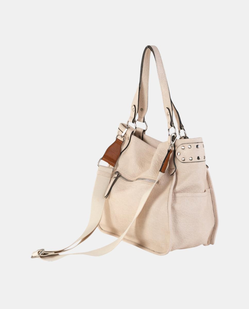 Mala Shopper Média de Efeito de Pele com Fecho de Correr e Tachas Cru-2