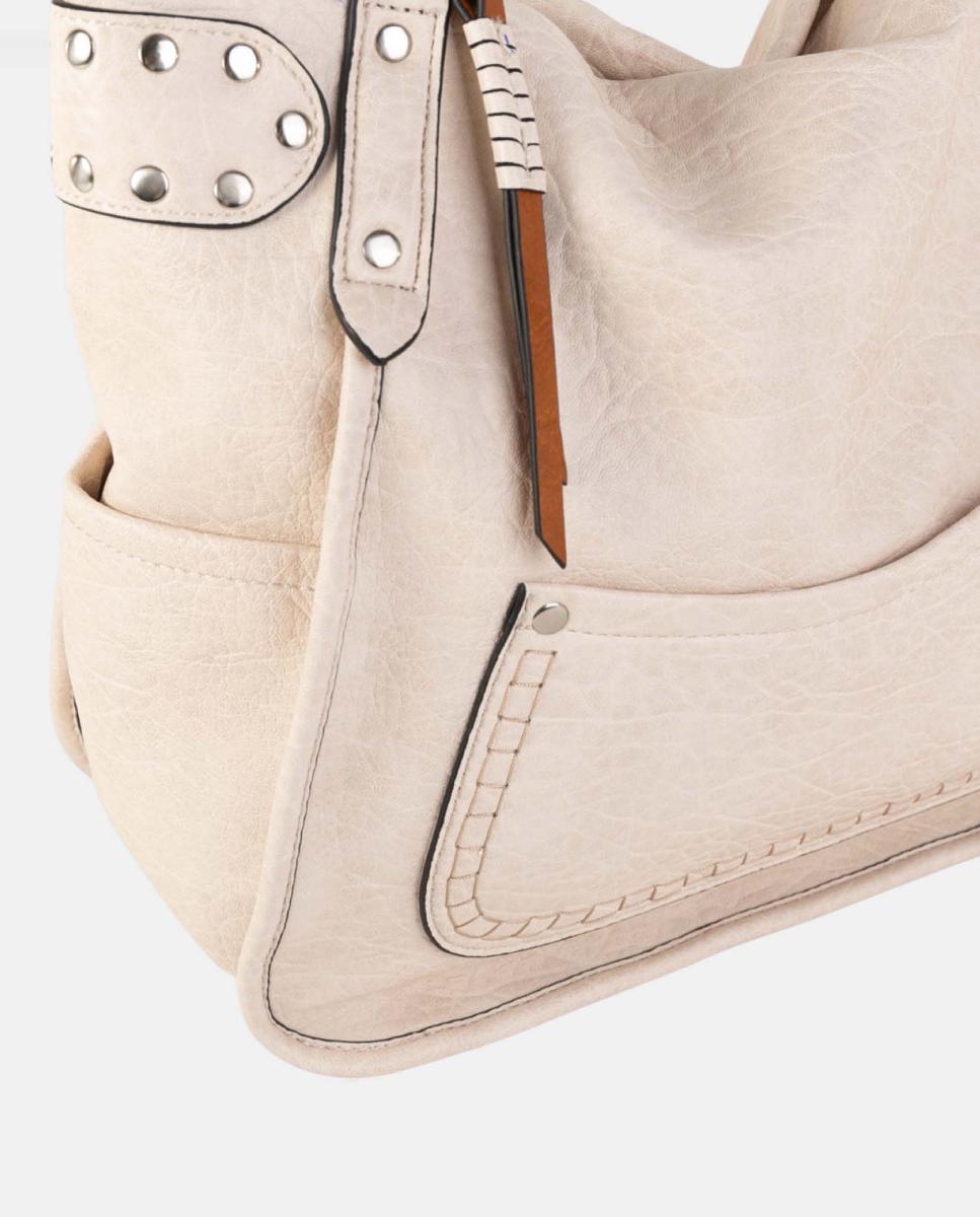 Mala Shopper Média de Efeito de Pele com Fecho de Correr e Tachas Cru-3