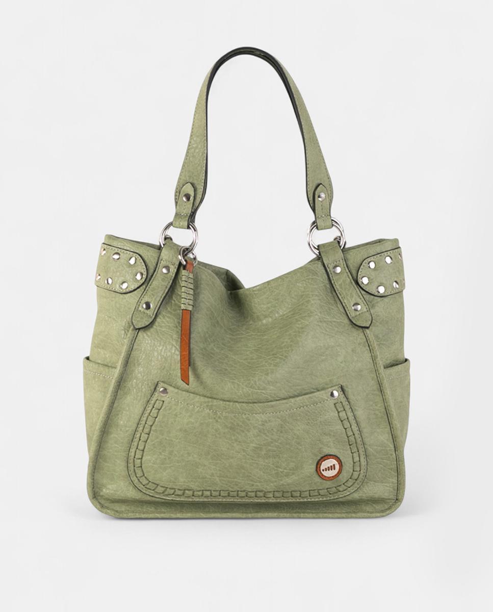 Mala Shopper Média de Efeito de Pele com Fecho de Correr e Tachas Verde-1