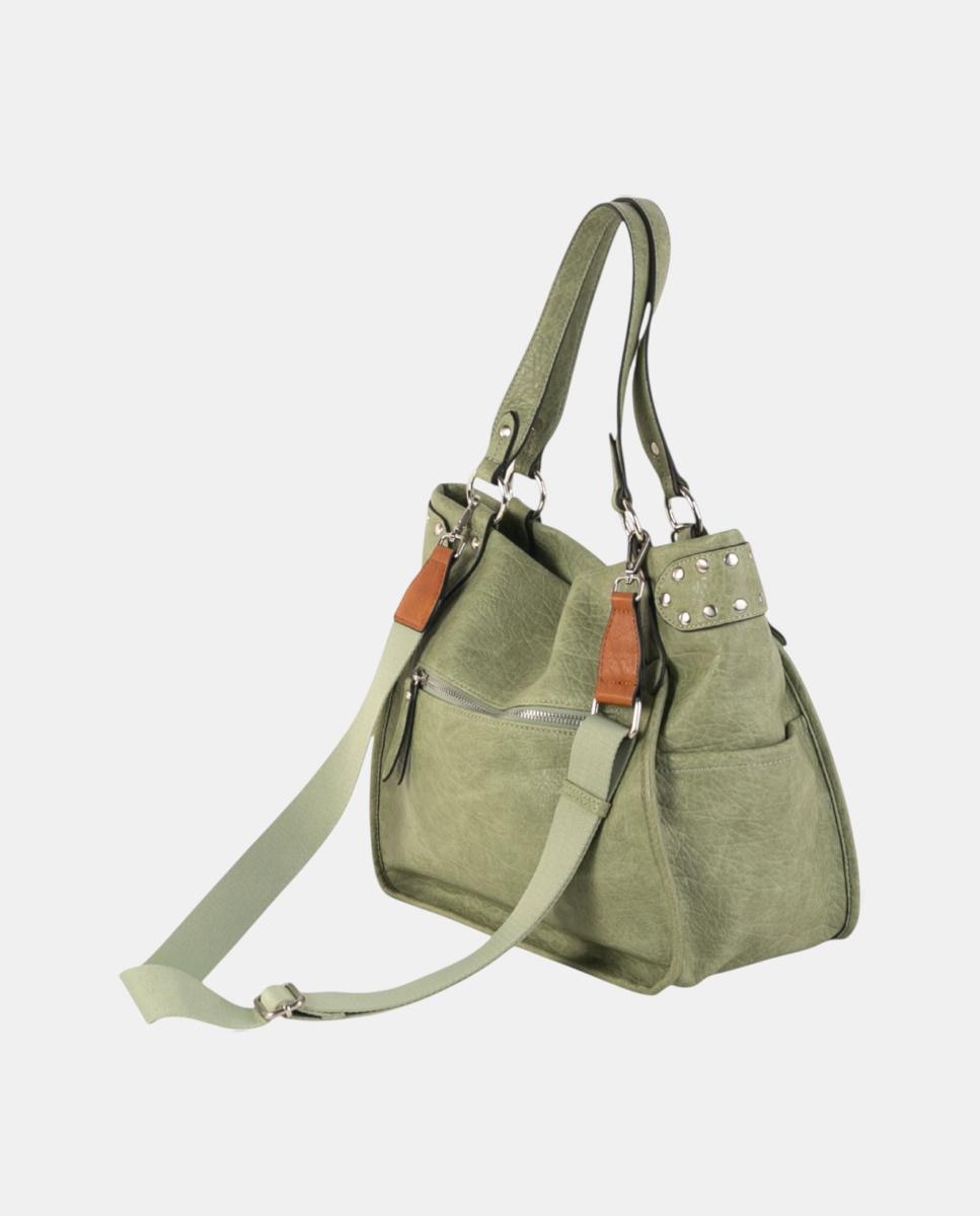 Mala Shopper Média de Efeito de Pele com Fecho de Correr e Tachas Verde-2
