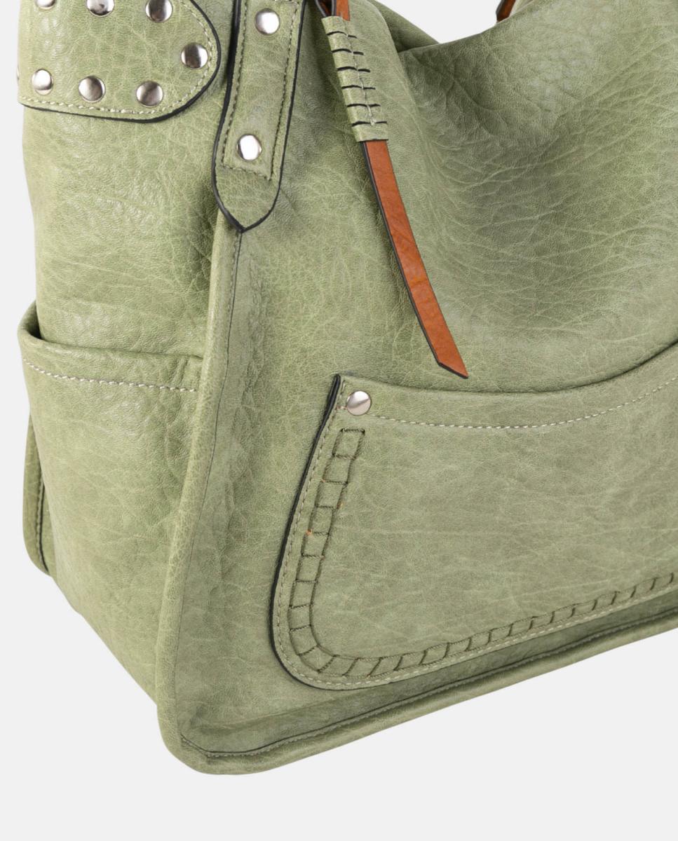 Mala Shopper Média de Efeito de Pele com Fecho de Correr e Tachas Verde-3