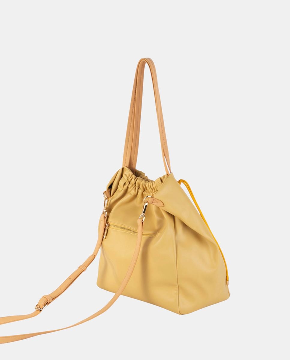 Mala Shopper Grande em Polipele com Desenho Franzido e Alça Dupla Comprida Amarelo-3