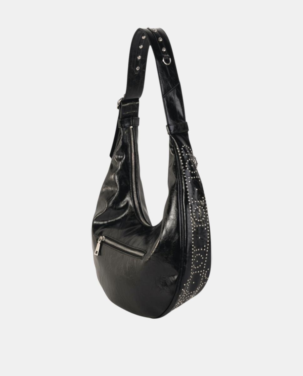Mala Hobo Média em Polipele com Alça Larga e Conta Decorativa Preto-3