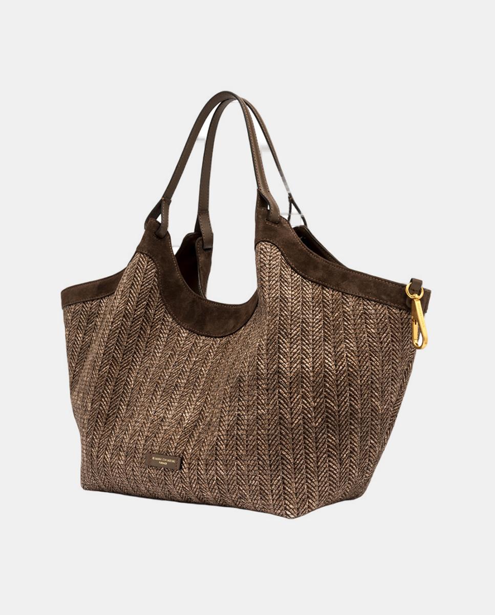Mala de Ombro em Palha com Bolso Interior com Fecho de Correr Castanho-2