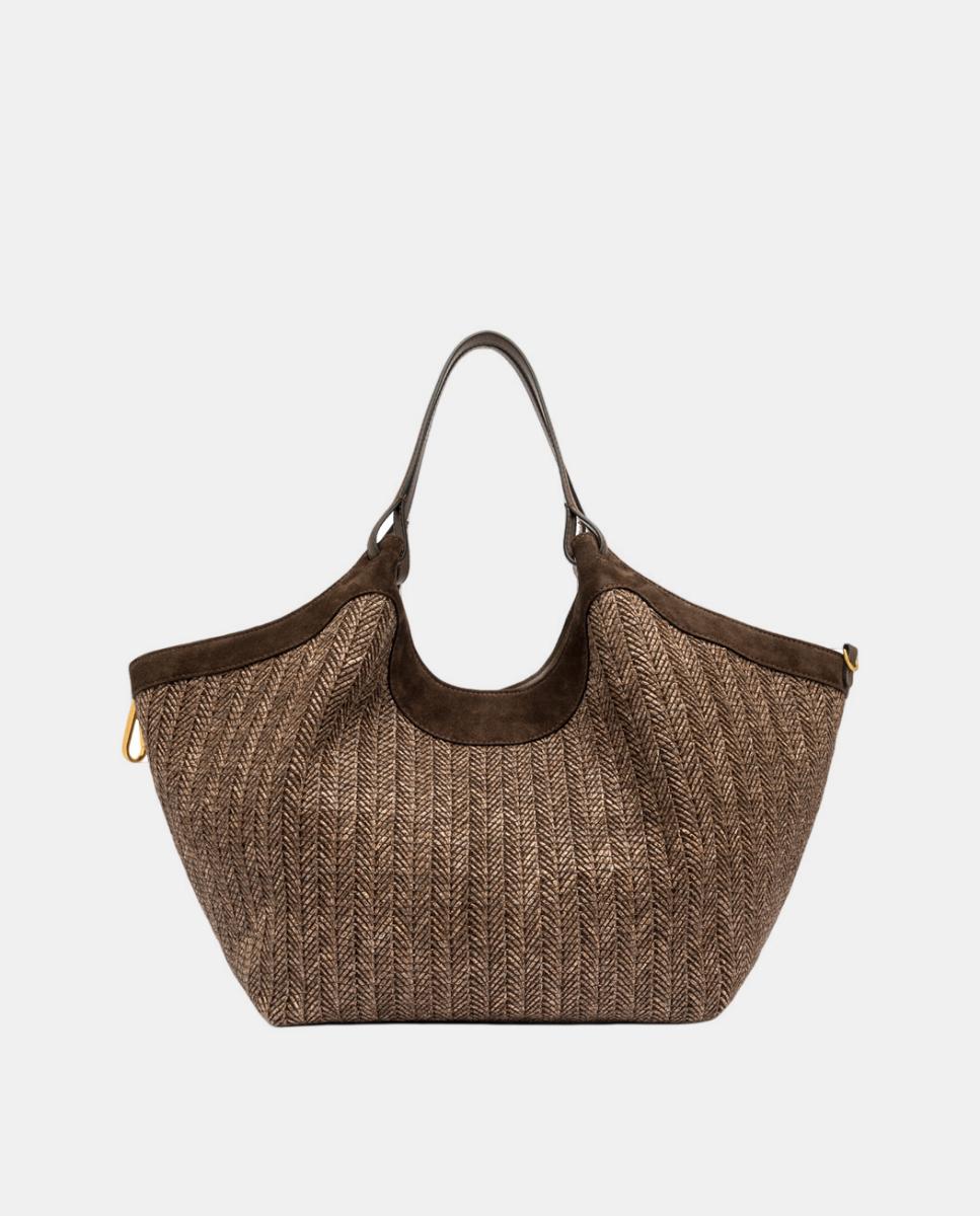 Mala de Ombro em Palha com Bolso Interior com Fecho de Correr Castanho-5