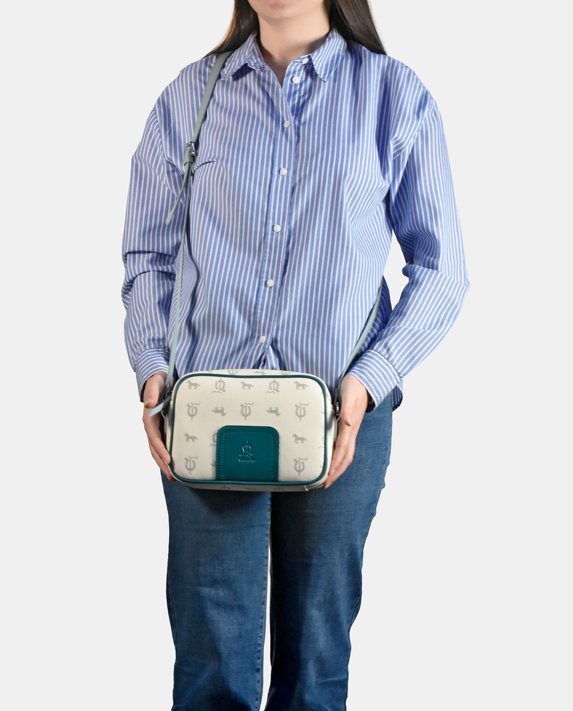 Mala Crossbody Elaborada em Pele e Lona Branco-gelo-5