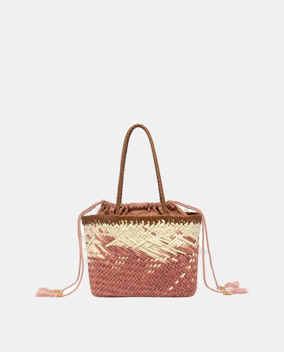 Mala de Ombro Modelo Paloma em Palha Natural com Capa Interior Amovível Rosa-5
