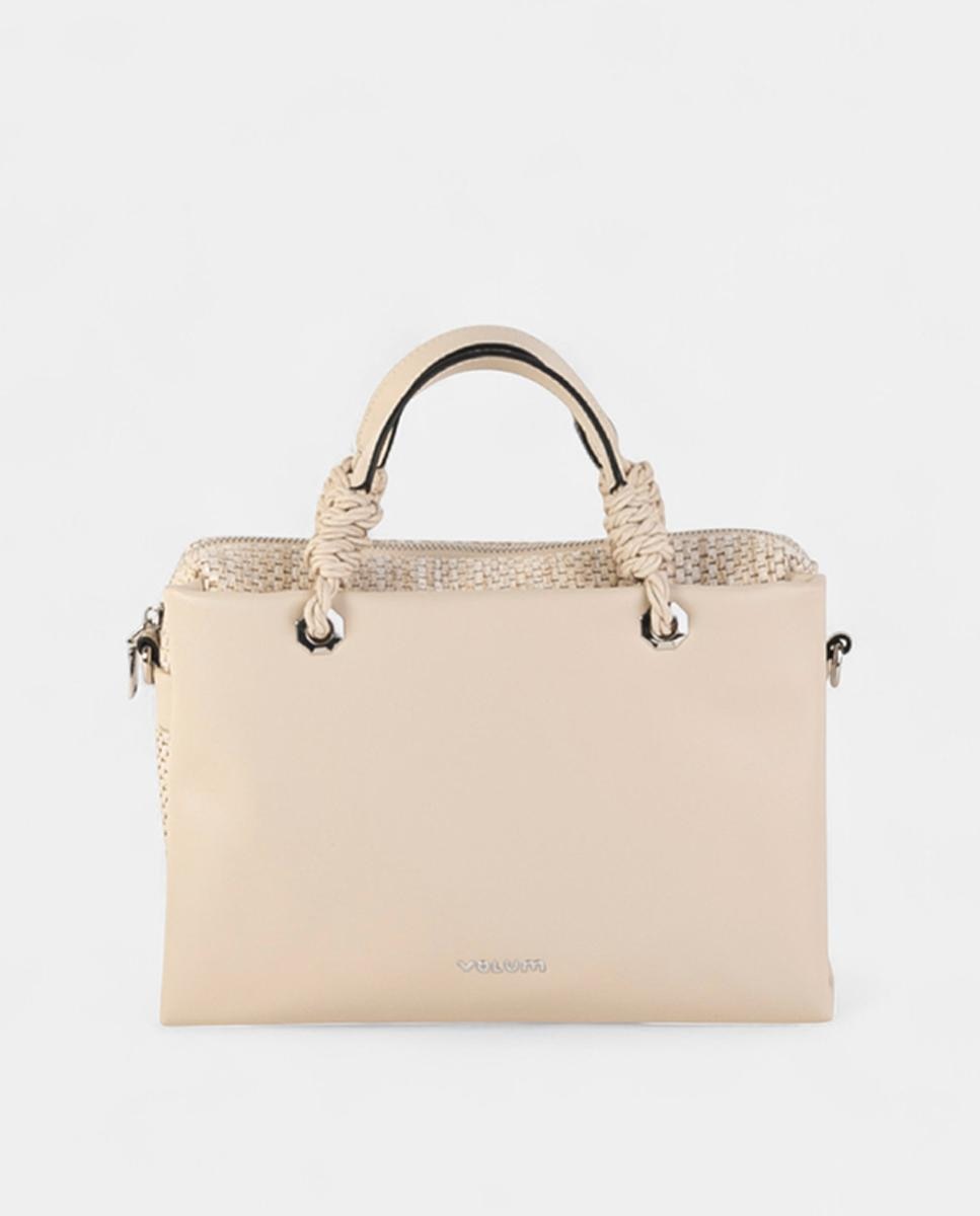 Imagem 0 de Mala de Mão Média em Polipele e Entrançado com Alças de Corda e Alça de Tiracolo Ajustável