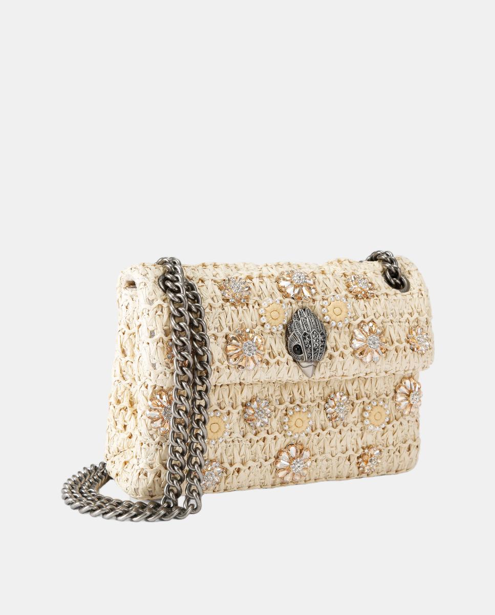 Mala Kensington Mini de Ráfia com Flores Bege-2