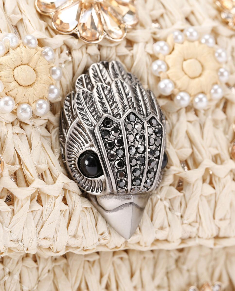 Mala Kensington Mini de Ráfia com Flores Bege-4