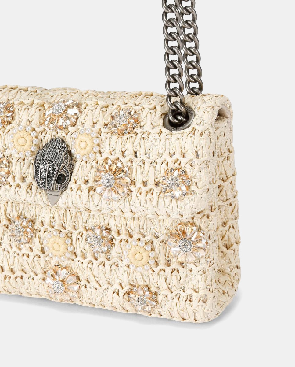 Mala Kensington Mini de Ráfia com Flores Bege-5