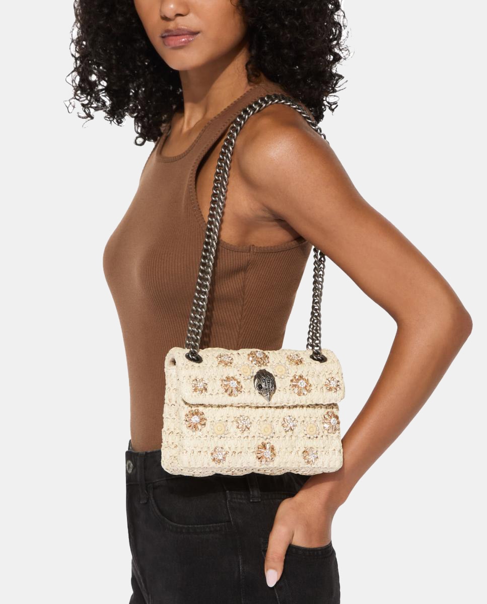 Mala Kensington Mini de Ráfia com Flores Bege-6