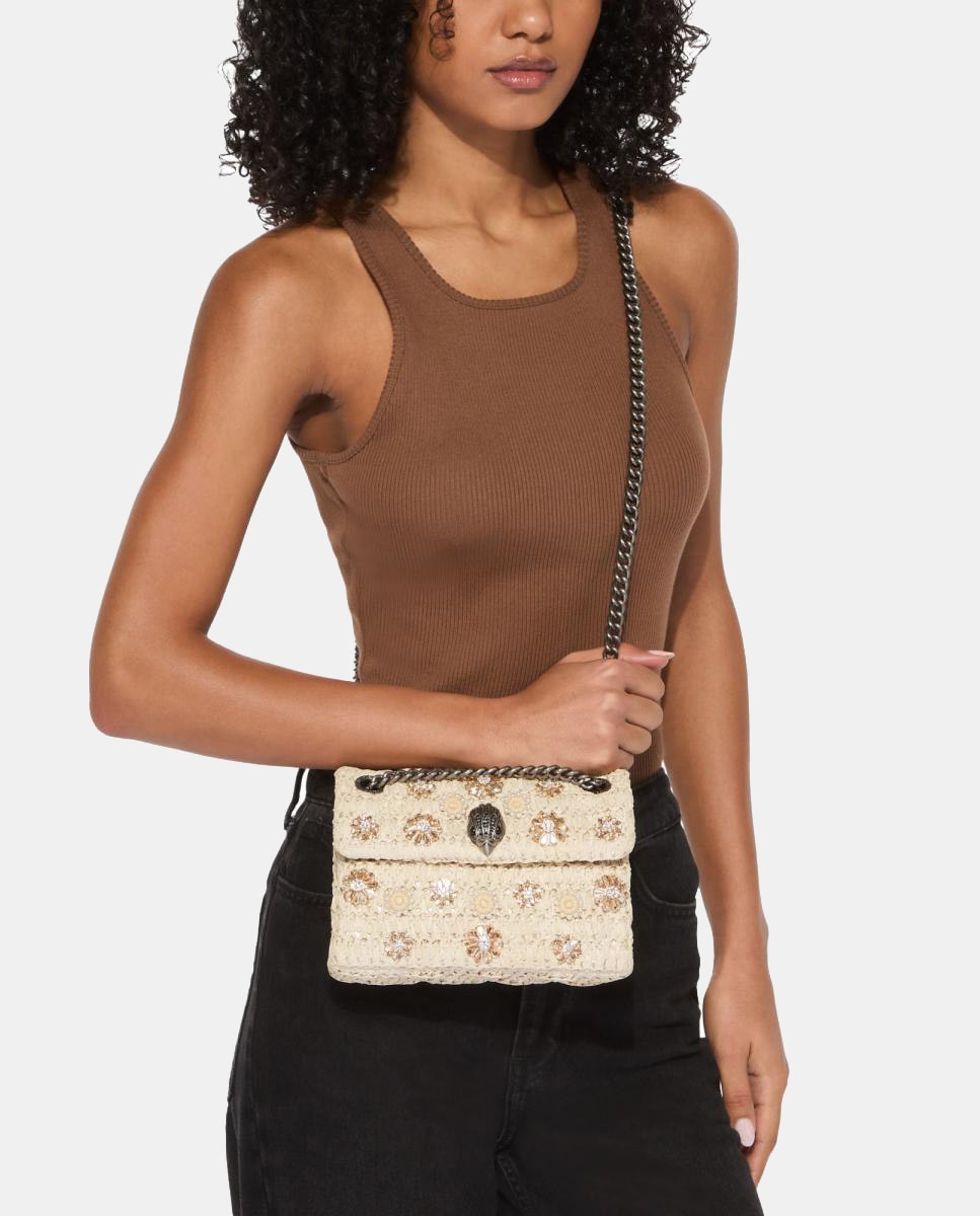 Mala Kensington Mini de Ráfia com Flores Bege-7