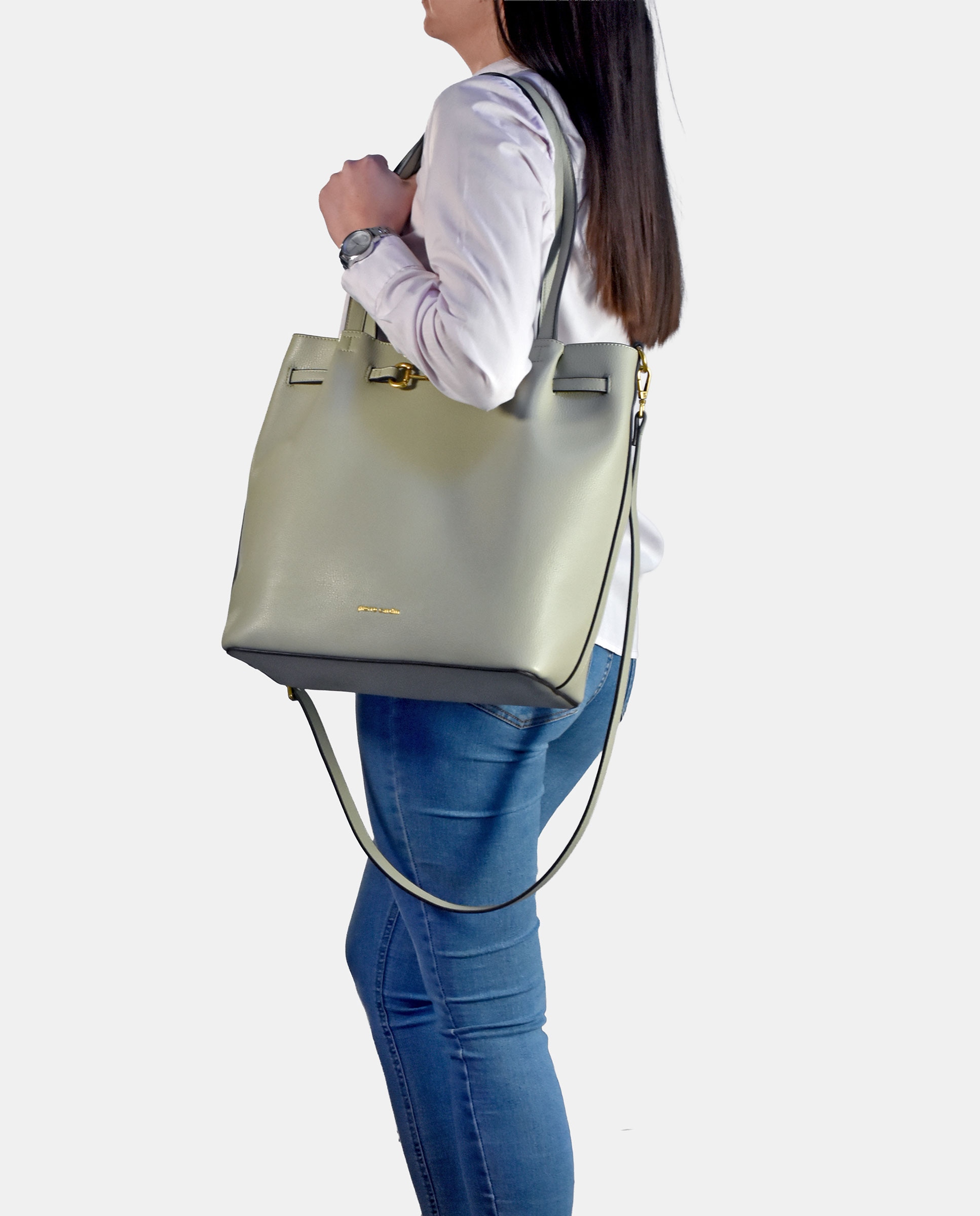 Mala Shopper de Alça Dupla Comprida em PU Verde Água-4