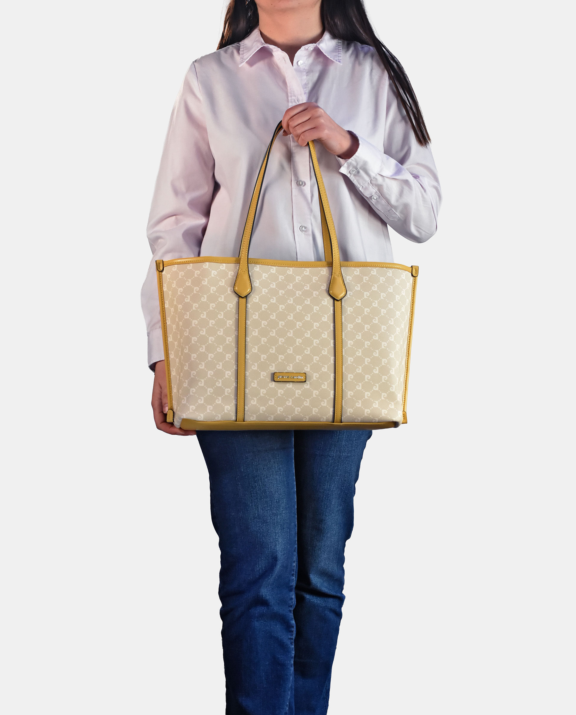 Mala Shopper com Alça Comprida Dupla em Lona P.U. e Logótipo Amarelo-4