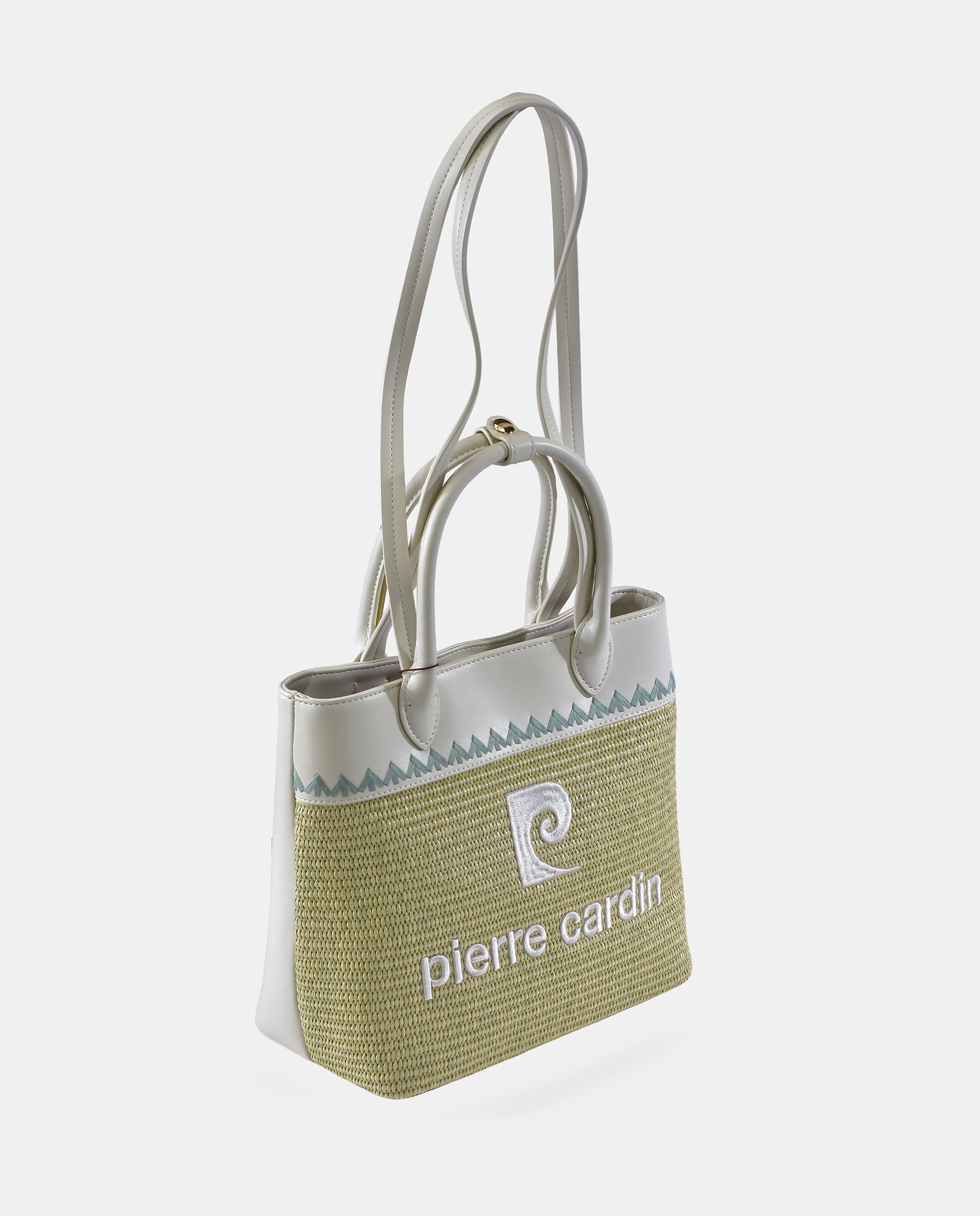 Mala Shopper de Alça Dupla em Ráfia e PU Verde Água-2