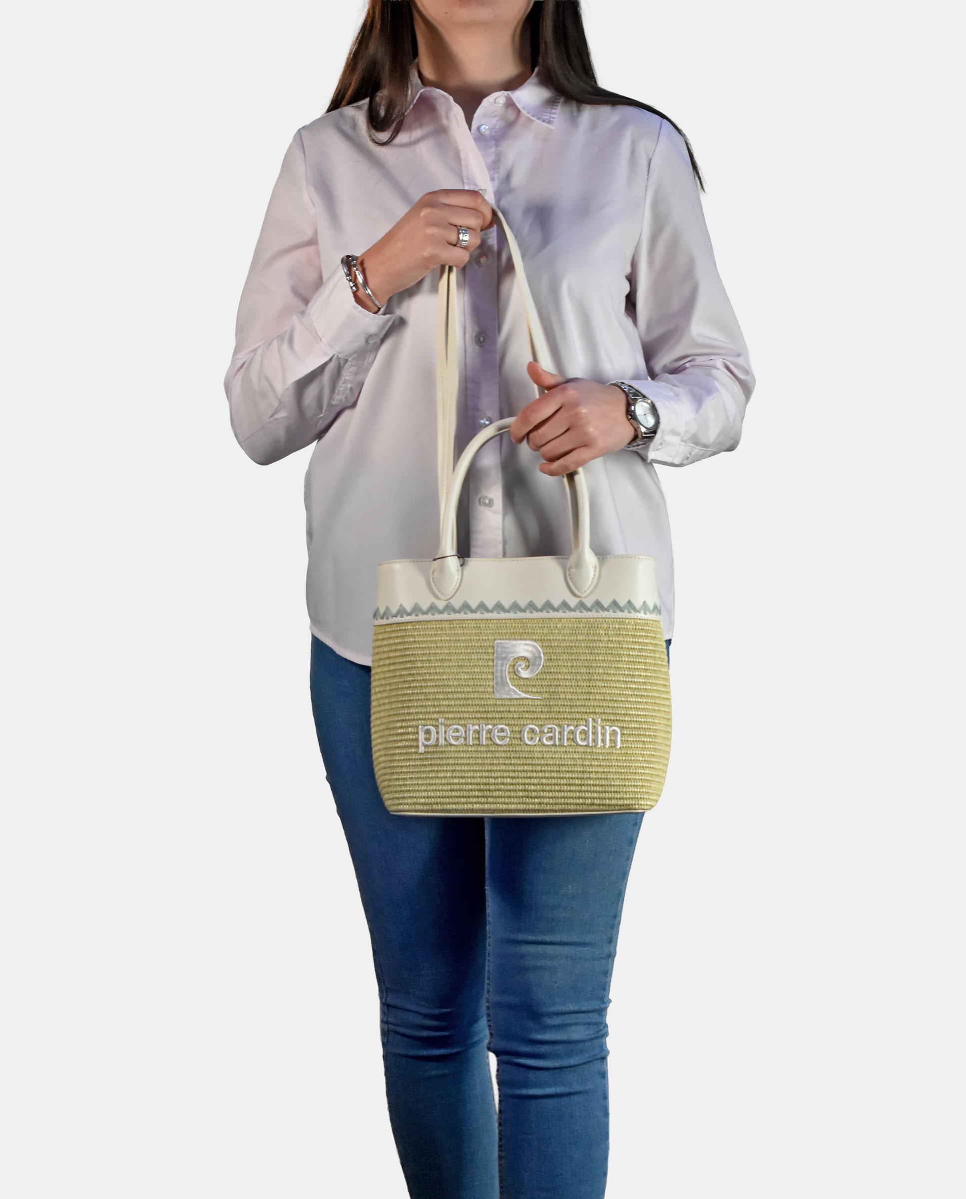 Mala Shopper de Alça Dupla em Ráfia e PU Verde Água-4