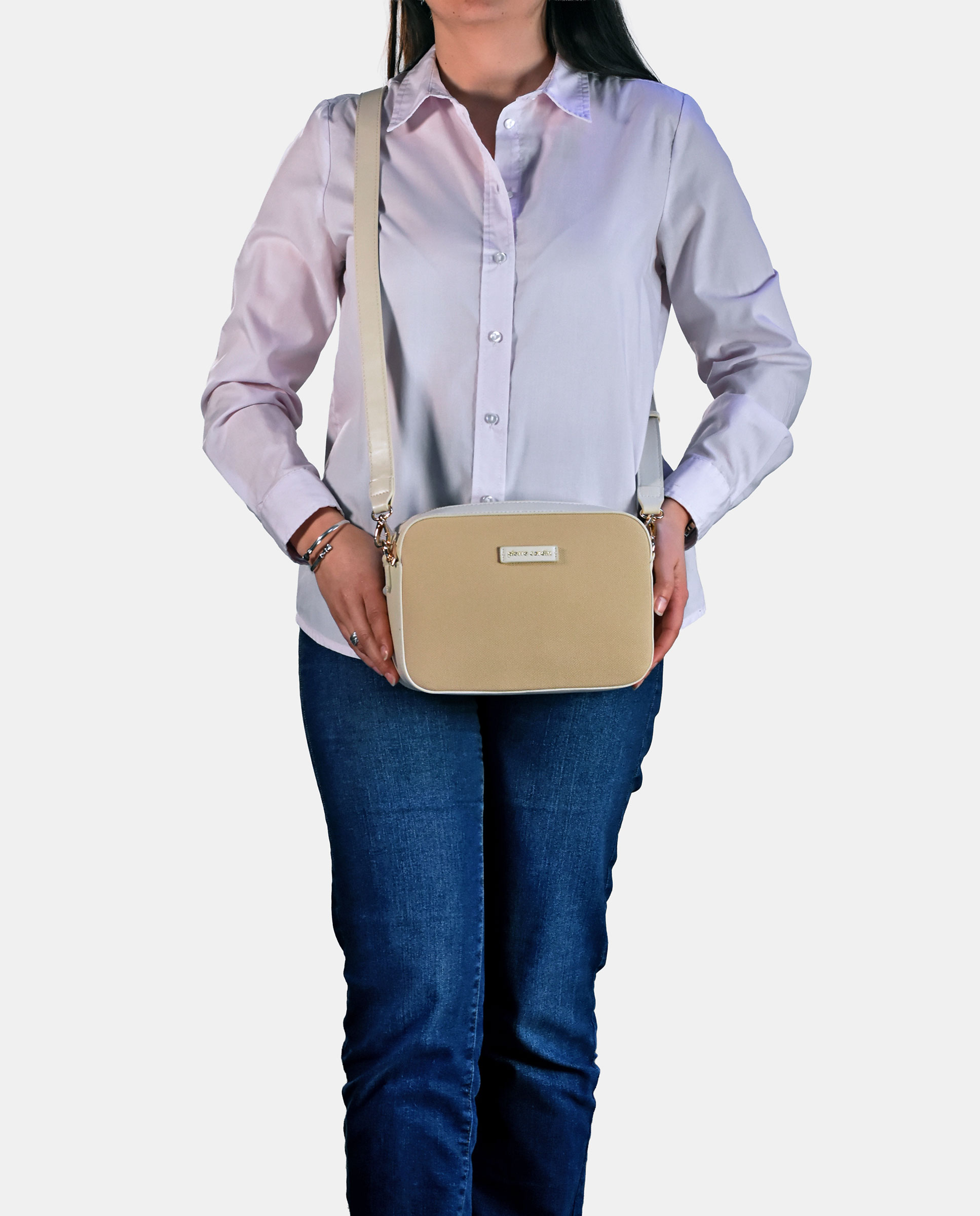 Mala Crossbody com Alça de Tiracolo Desmontável em P.U. Bege-4