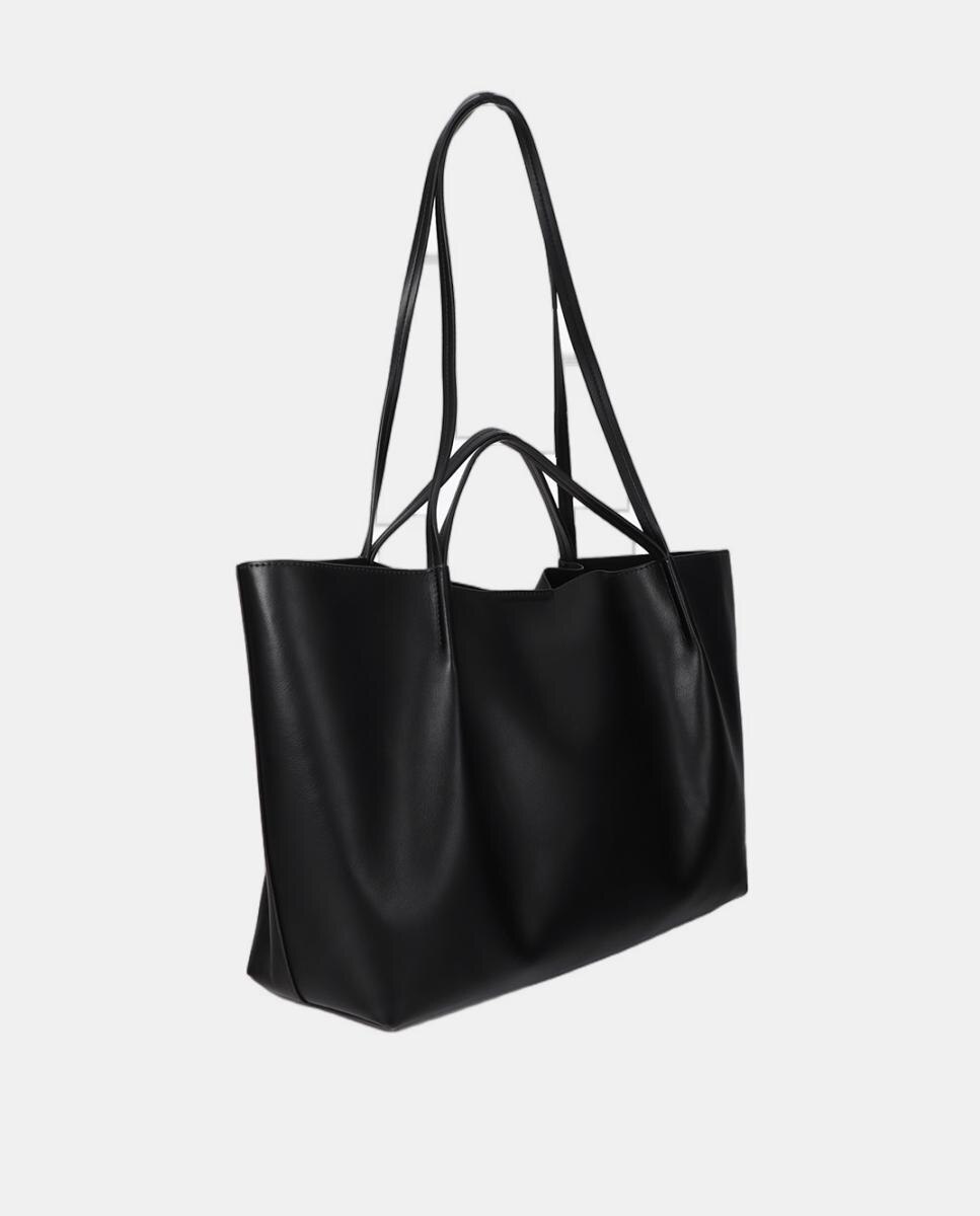 Mala Shopper de Efeito de Couro Preto-4