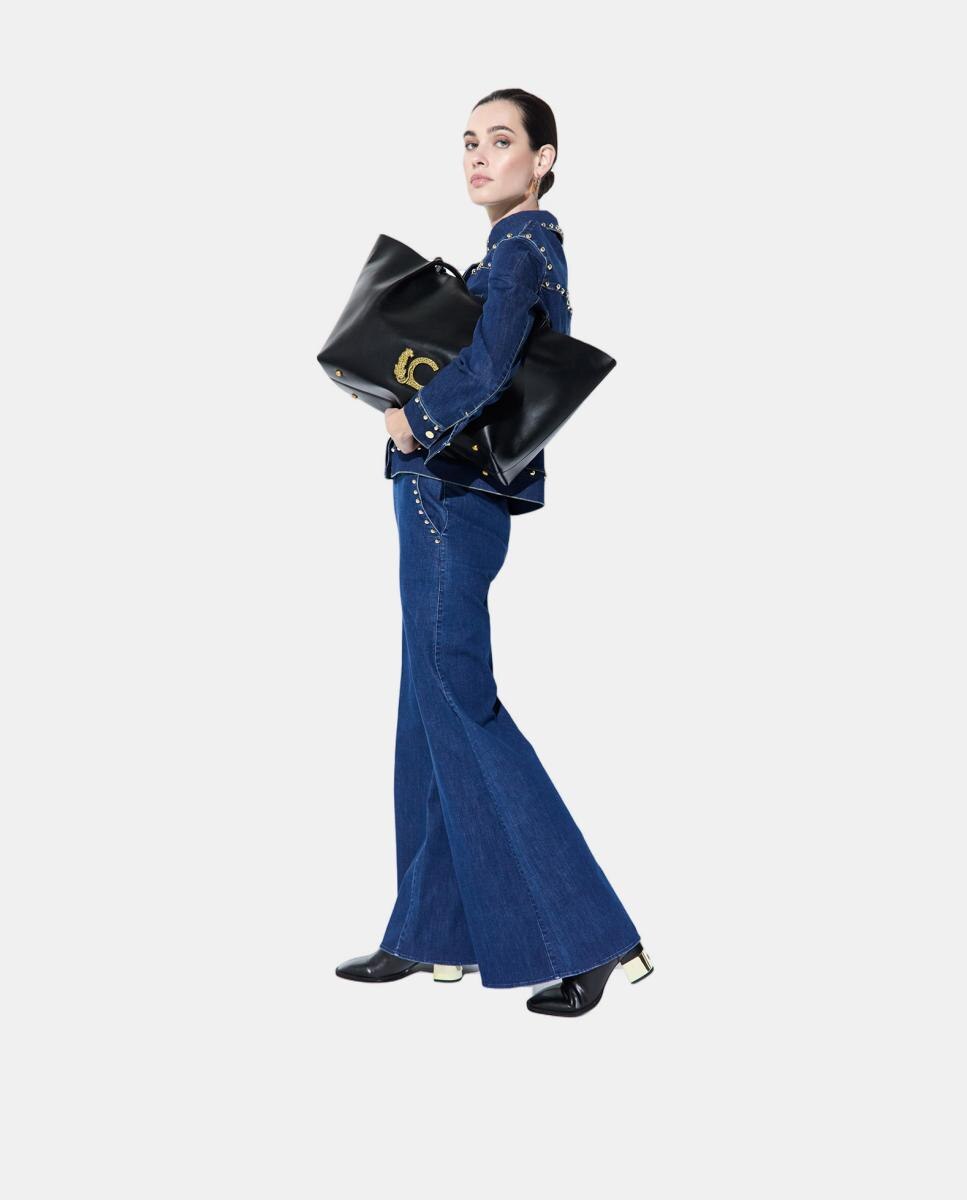 Mala Shopper de Efeito de Couro Preto-7