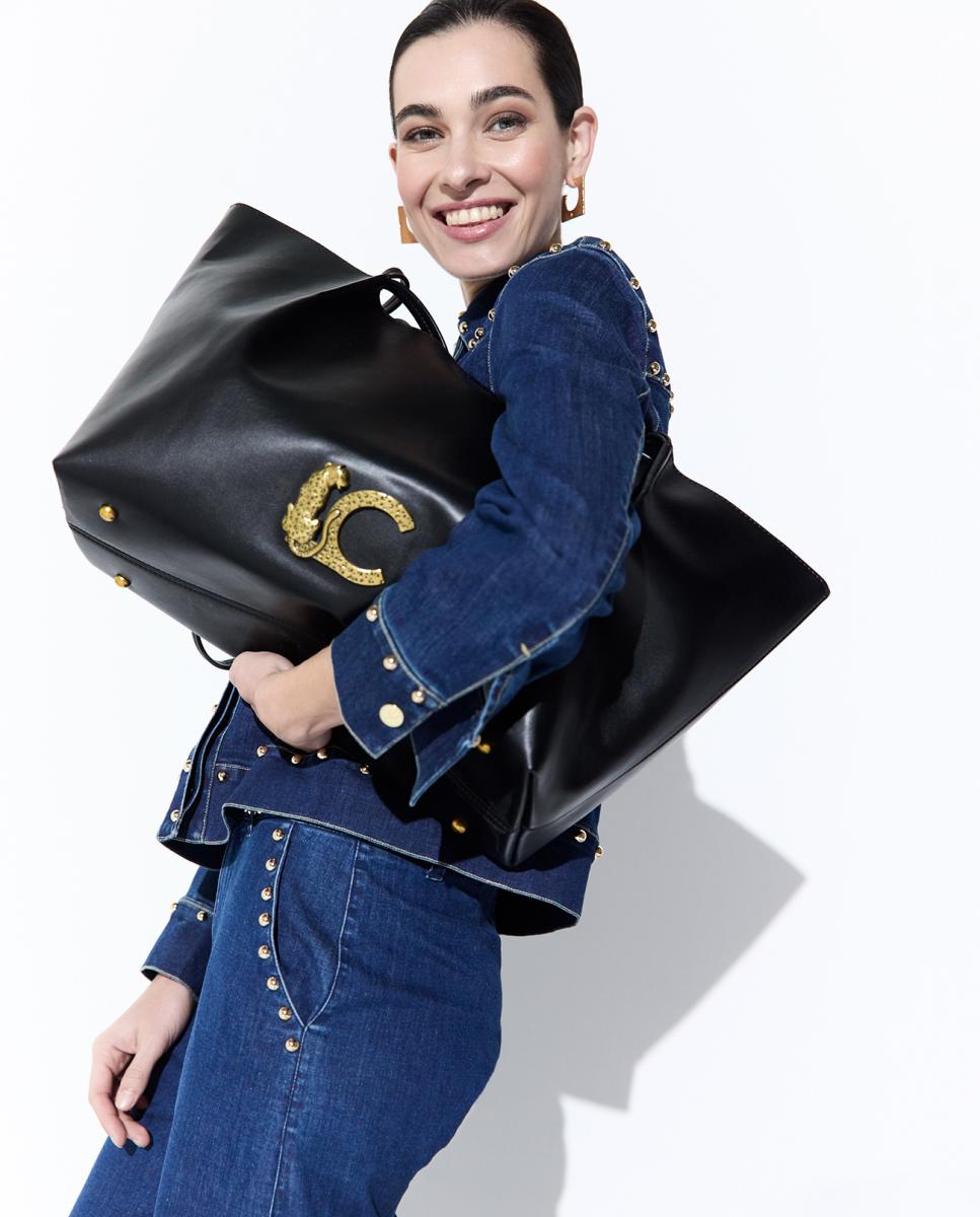 Mala Shopper de Efeito de Couro Preto-8