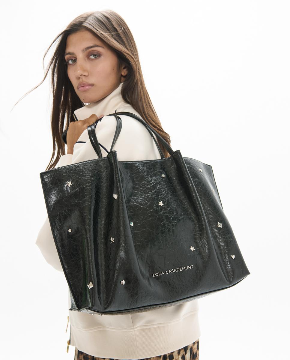 Mala Shopper com Estrela e Coração com Rebites Preto-8