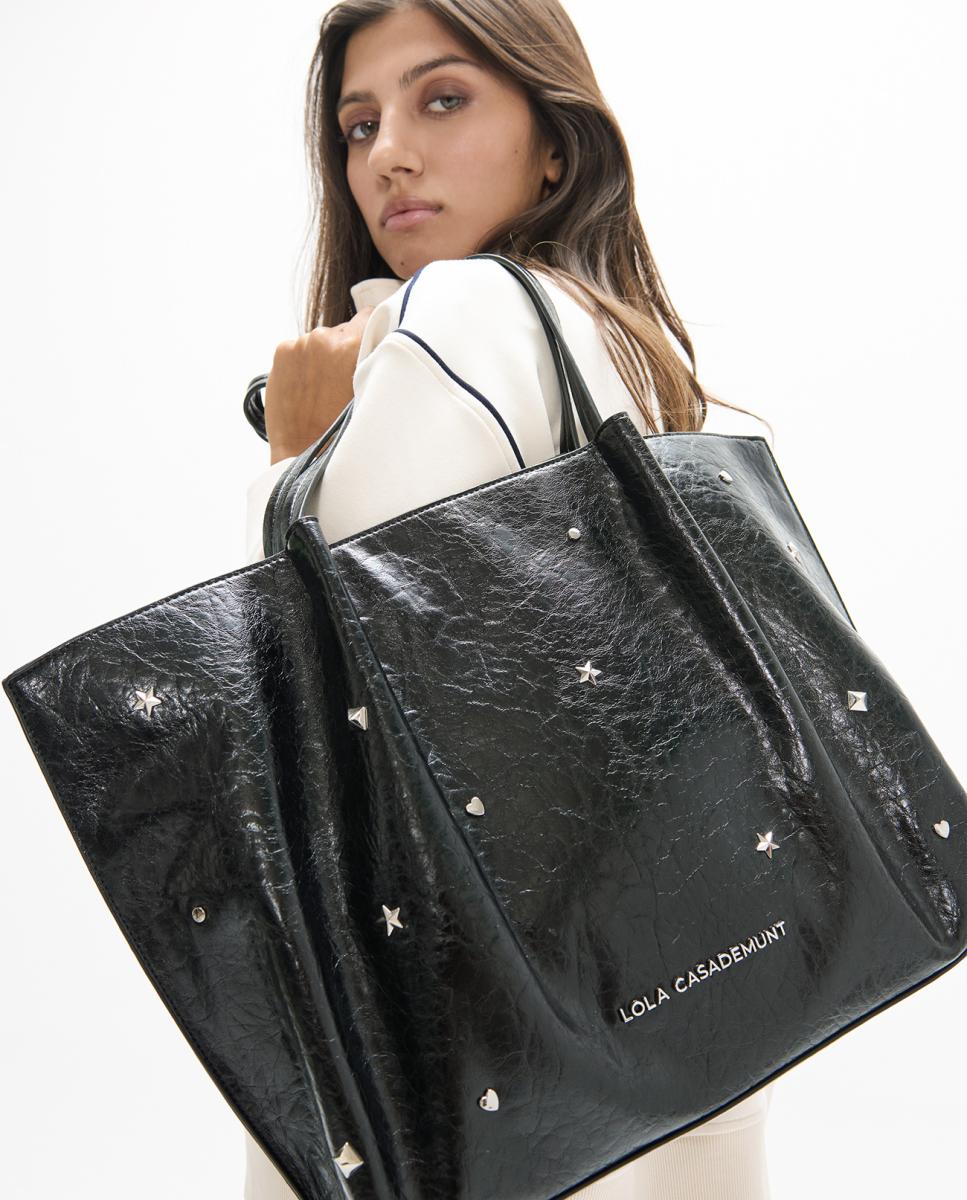 Mala Shopper com Estrela e Coração com Rebites Preto-9