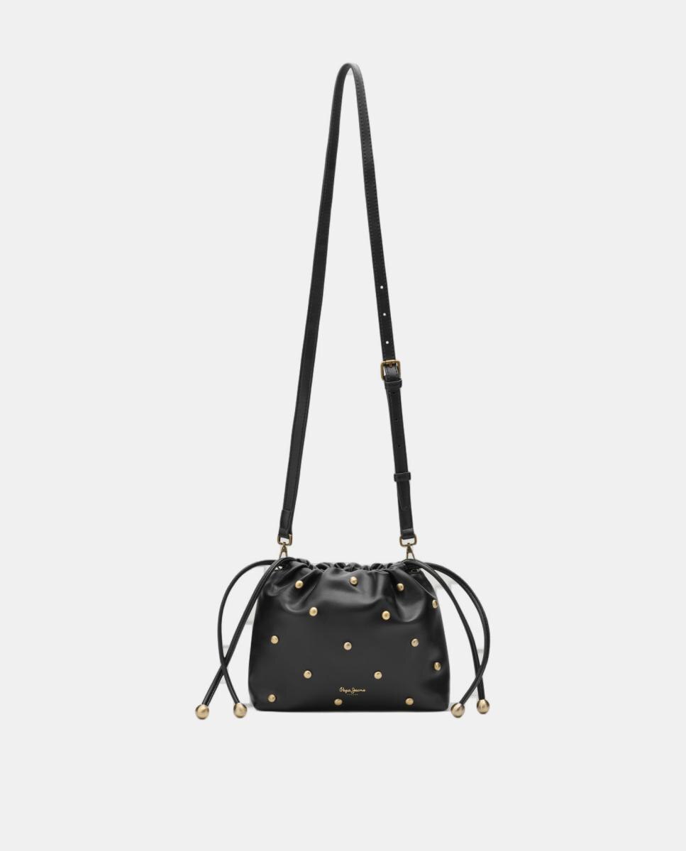 Mala Tipo Hobo com Efeito de Fecho Franzido e Tachas Decorativas Preto-2