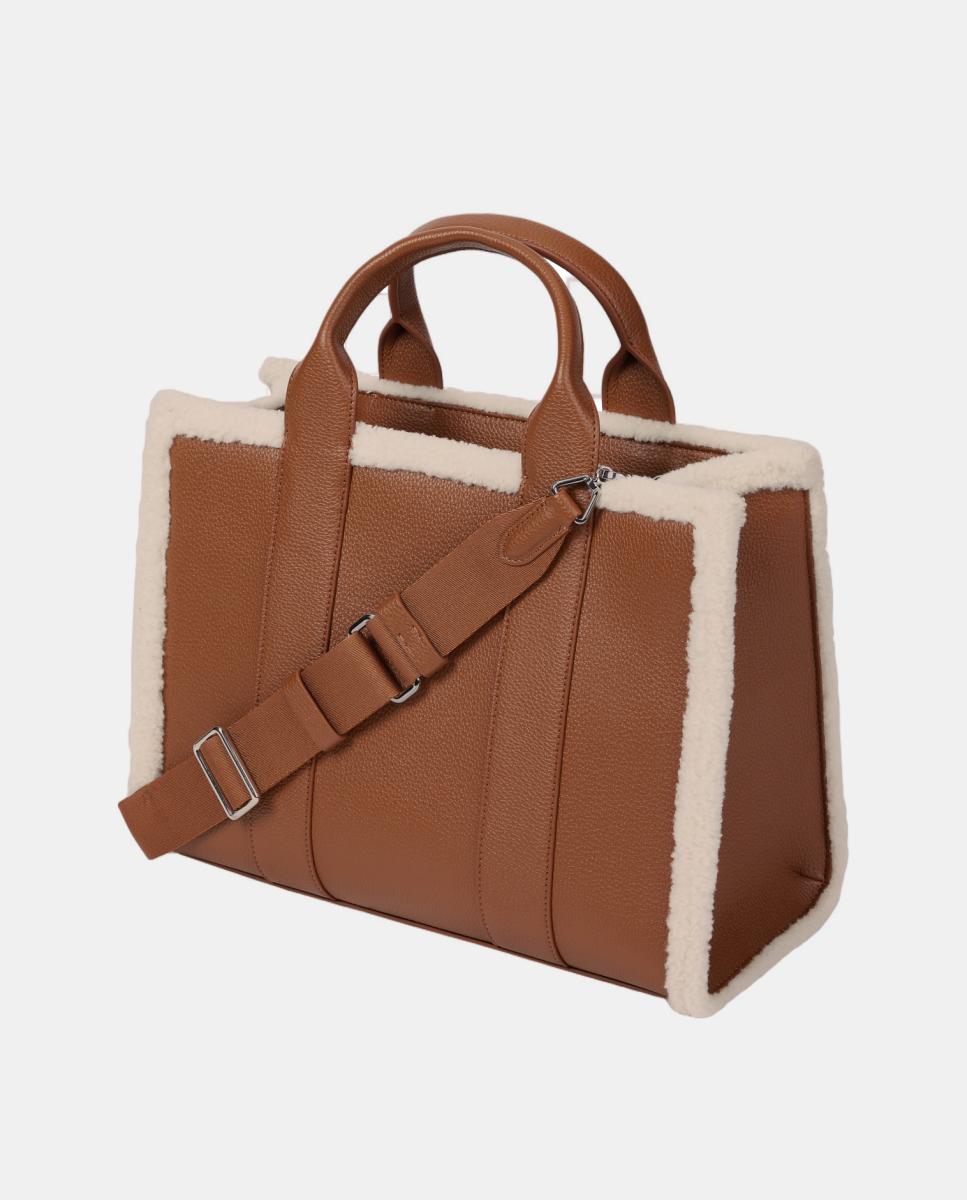 Mala Tipo Tote Média Shearling Castanho caramelo-2