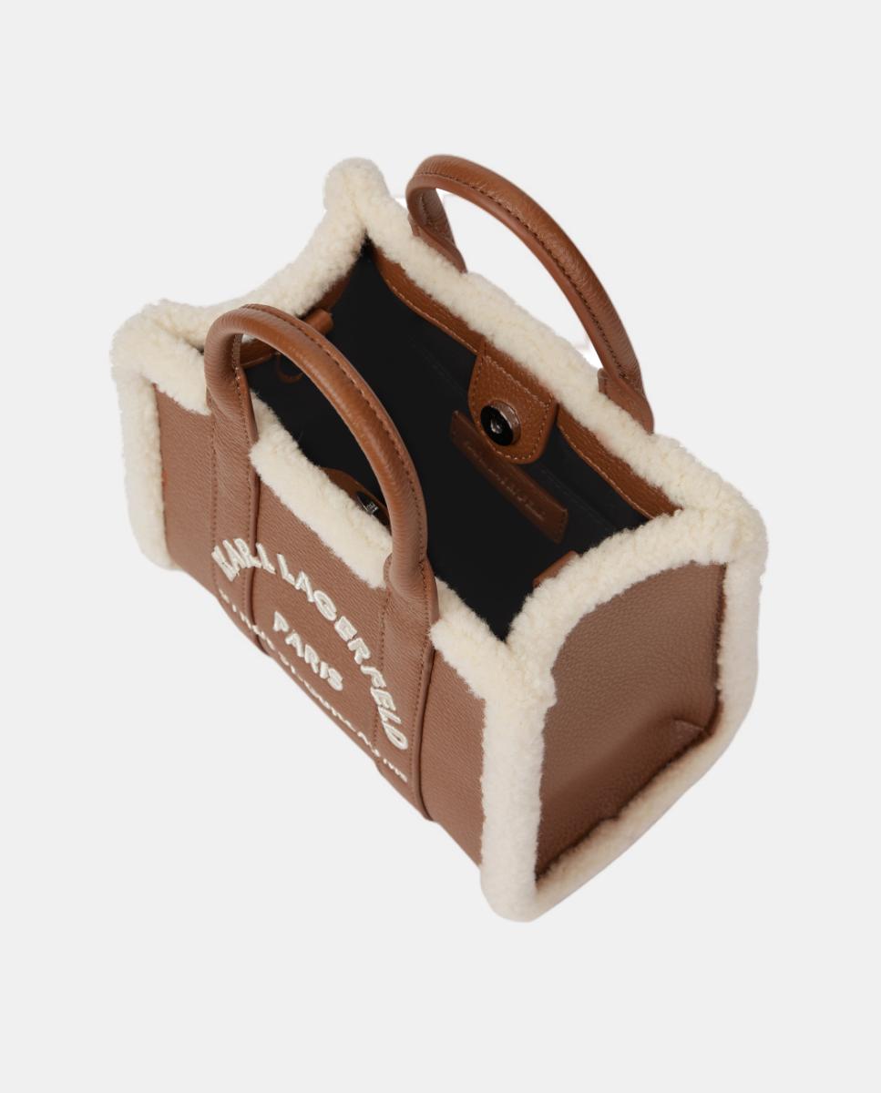 Mala Tipo Tote Mini Shearling Castanho caramelo-3