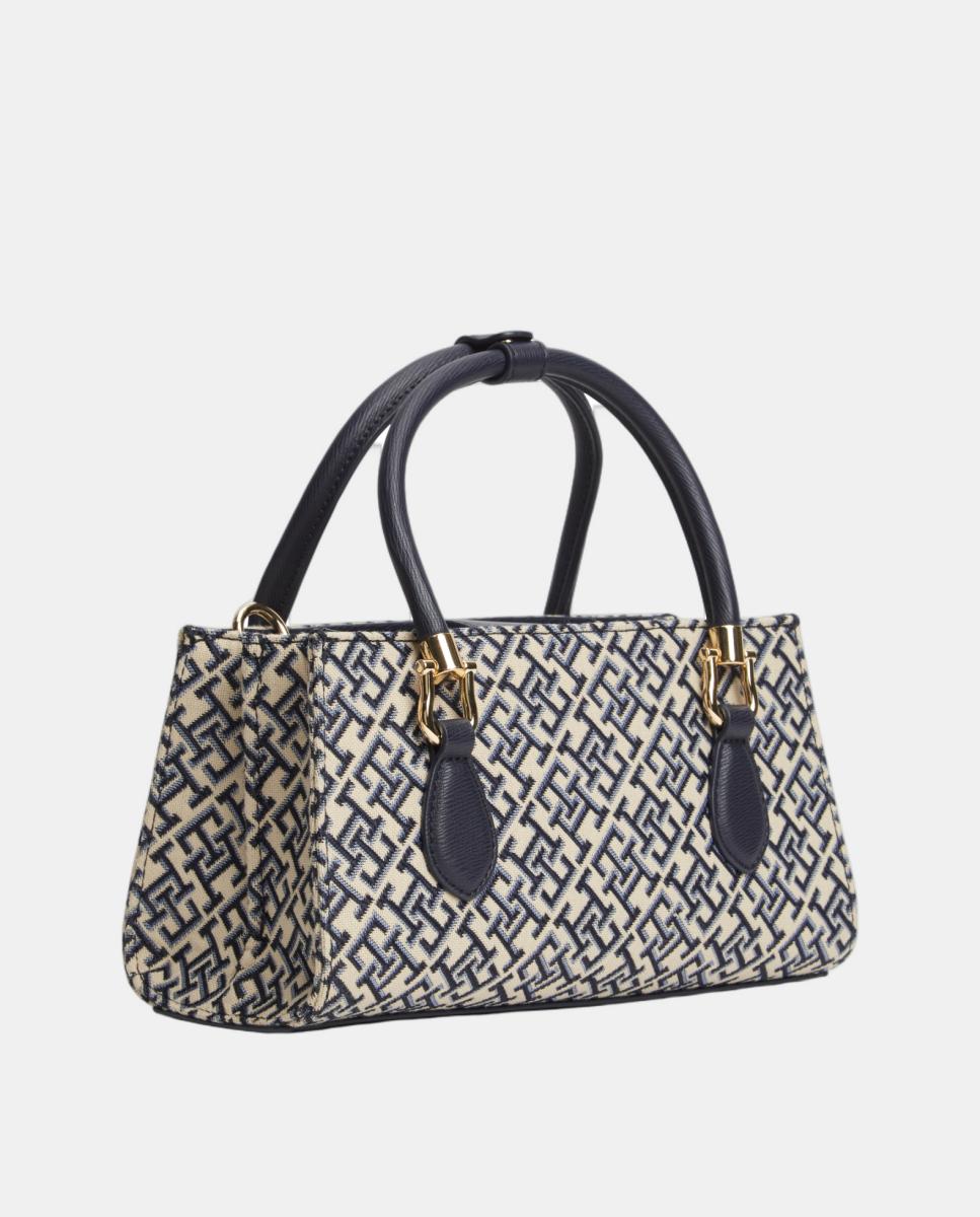 Mala Estilo Mini Satchel com Estampado de Monograma Azul-marinho-2