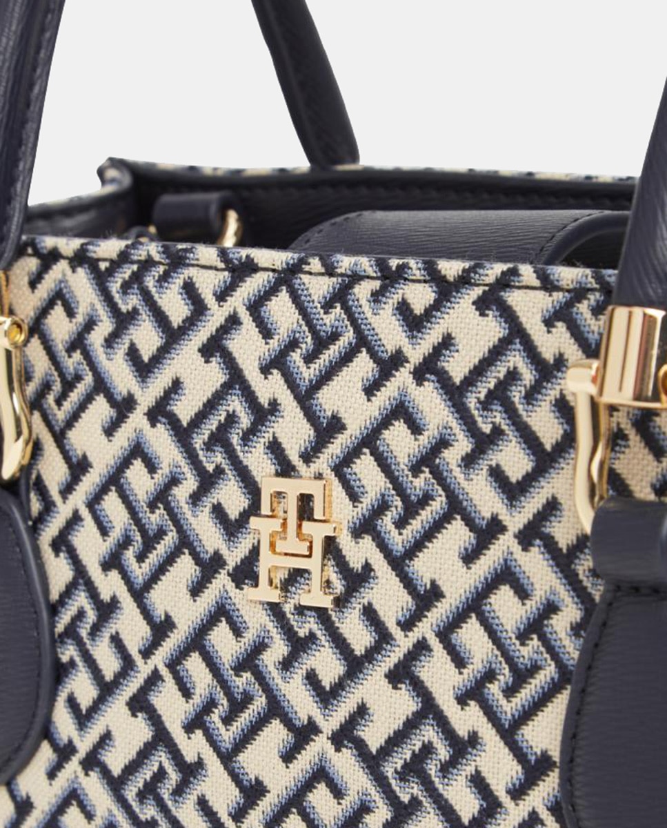 Mala Estilo Mini Satchel com Estampado de Monograma Azul-marinho-3