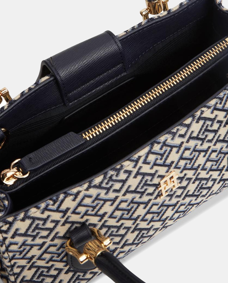 Mala Estilo Mini Satchel com Estampado de Monograma Azul-marinho-4