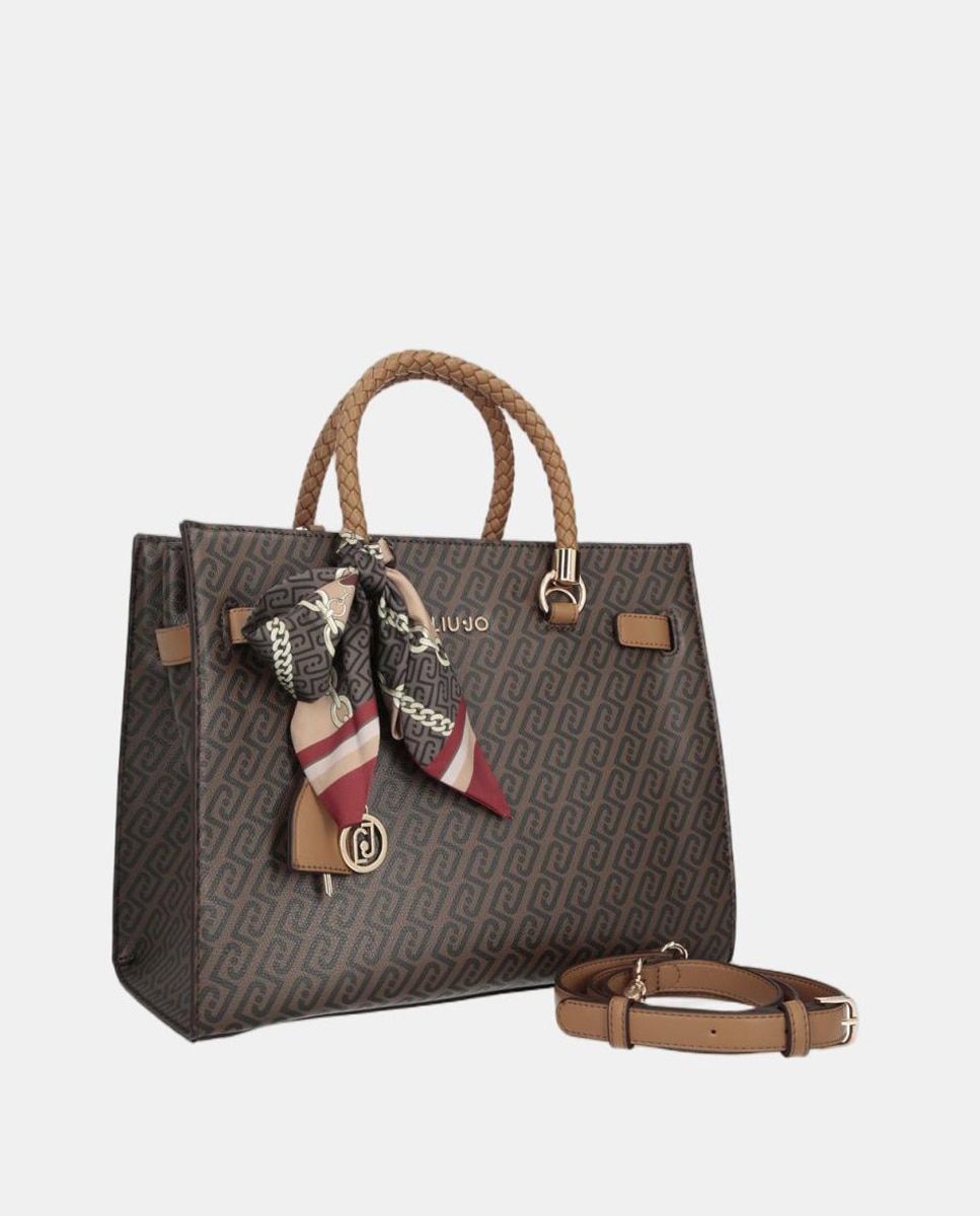 Mala Tipo Satchel com Estampado de Logótipo e Lenço Castanho-2