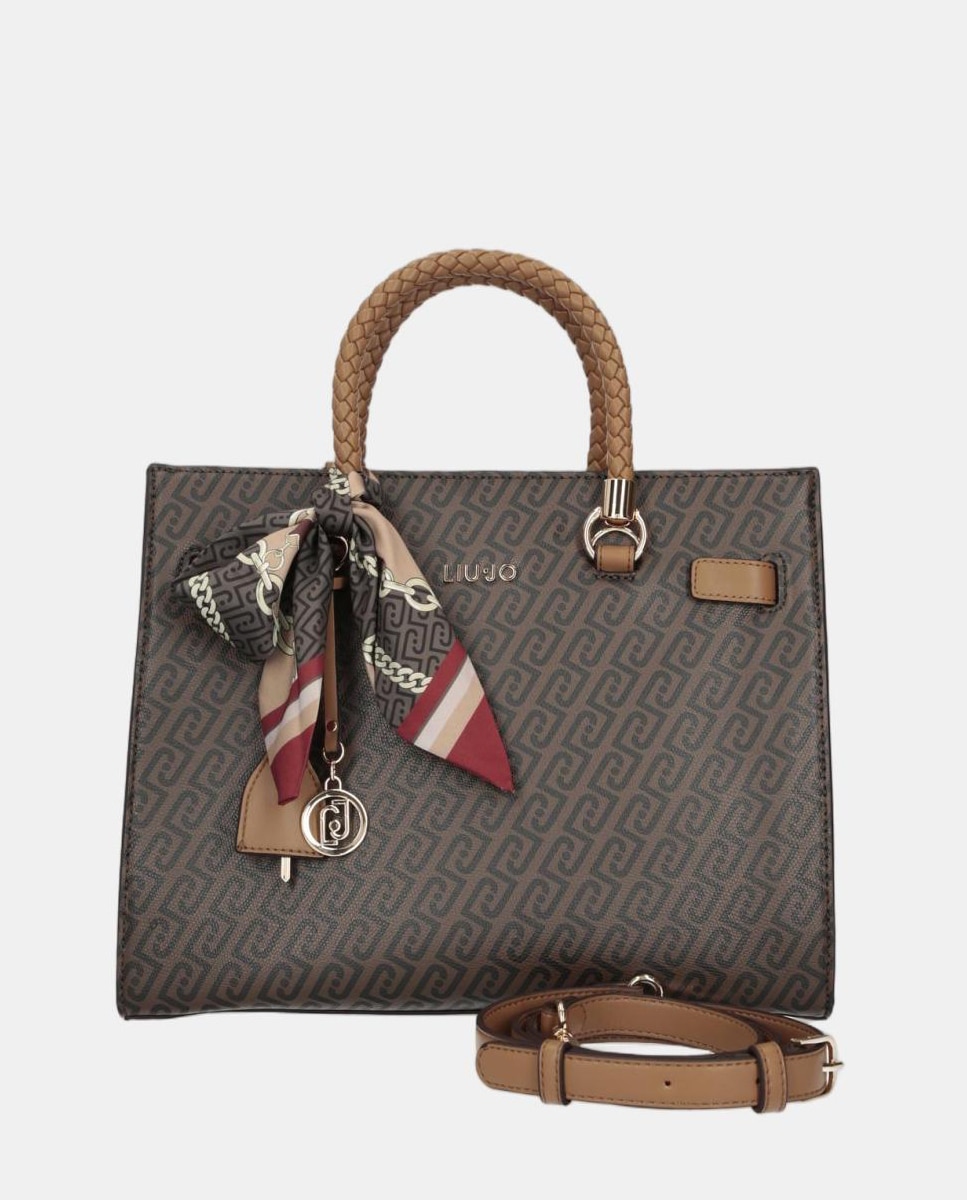 Mala Tipo Satchel com Estampado de Logótipo e Lenço Castanho-3