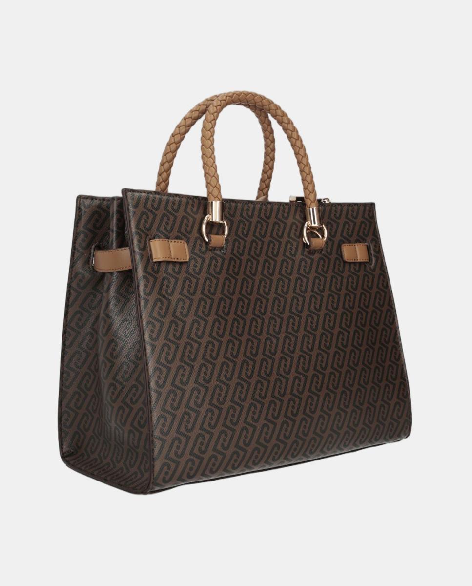 Mala Tipo Satchel com Estampado de Logótipo e Lenço Castanho-4