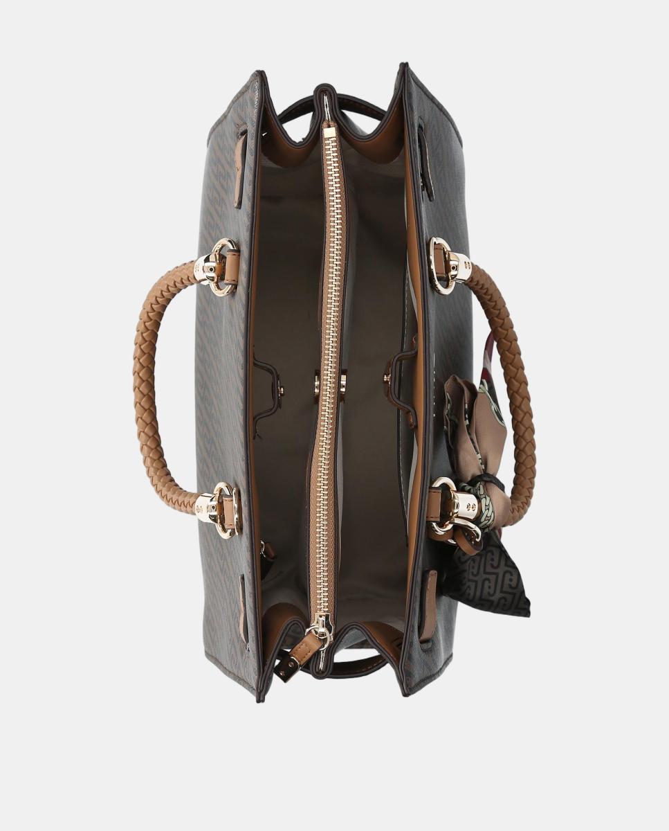 Mala Tipo Satchel com Estampado de Logótipo e Lenço Castanho-5
