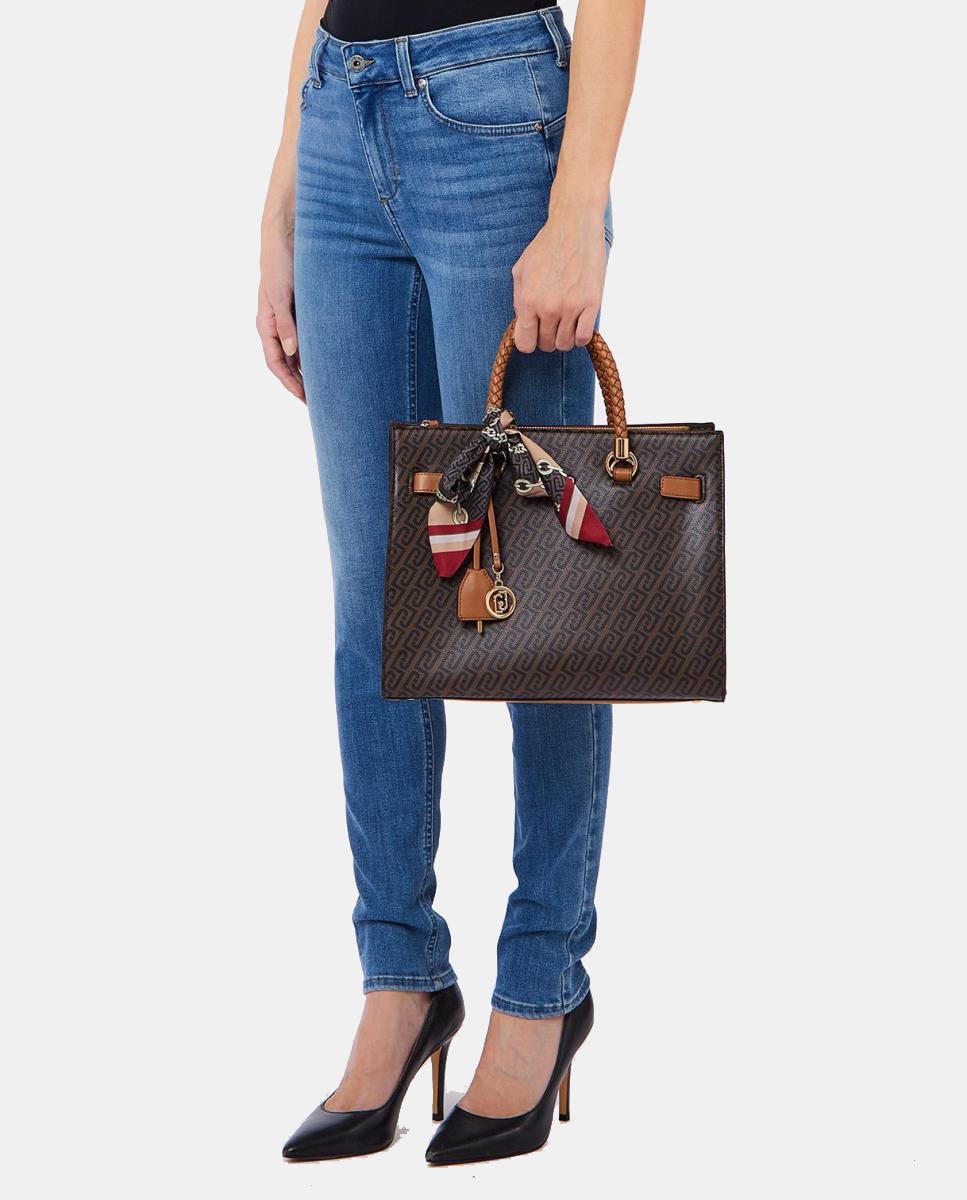 Mala Tipo Satchel com Estampado de Logótipo e Lenço Castanho-6