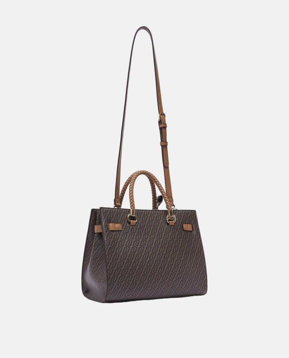 Mala Tipo Satchel com Estampado de Logótipo e Lenço Castanho-7