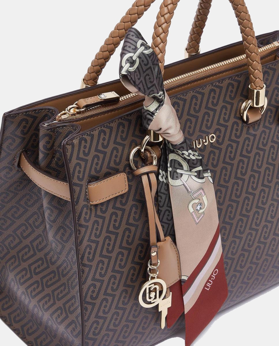 Mala Tipo Satchel com Estampado de Logótipo e Lenço Castanho-8