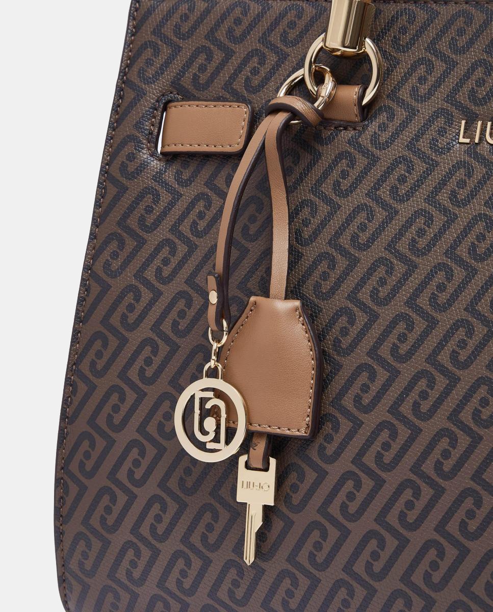 Mala Tipo Satchel com Estampado de Logótipo e Lenço Castanho-9