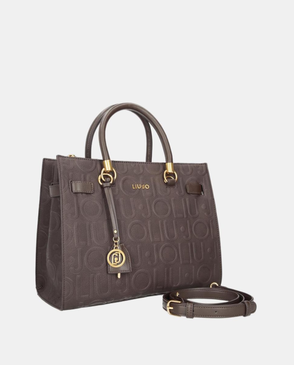 Mala Tipo Satchel com Estampado de Logótipo em Relevo Castanho-escuro-2