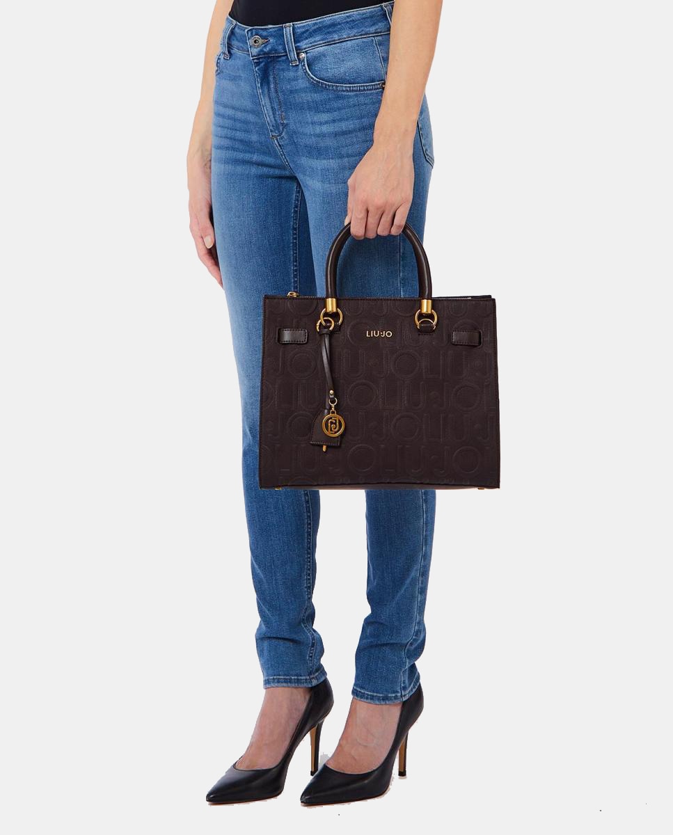 Mala Tipo Satchel com Estampado de Logótipo em Relevo Castanho-escuro-5
