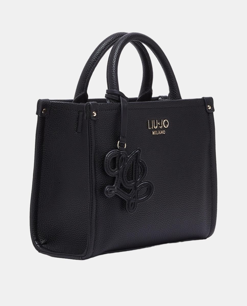 Mala Tipo Tote Média com Alça em Tecido e Estampado de Logótipo Preto-2