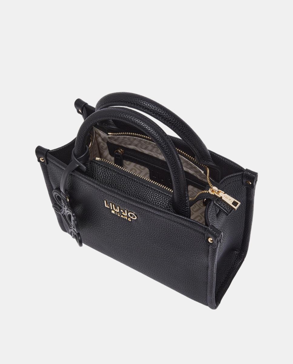 Mala Tipo Tote Média com Alça em Tecido e Estampado de Logótipo Preto-3
