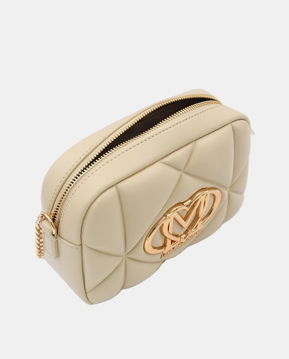 Mala a tiracolo acolchoada com detalhe metálico do logótipo dourado Creme-3