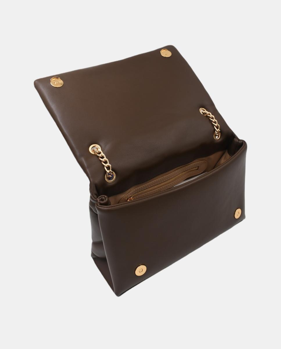 Mala de ombro acolchoada com detalhe metálico do logótipo dourado Castanho-3