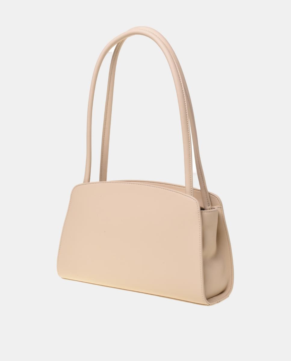 Mala de ombro lisa com detalhe metálico do logótipo dourado Creme-2